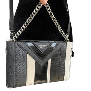 Victorias Secret Python Stripe Black White Crossbody Clutch Purse Chain
